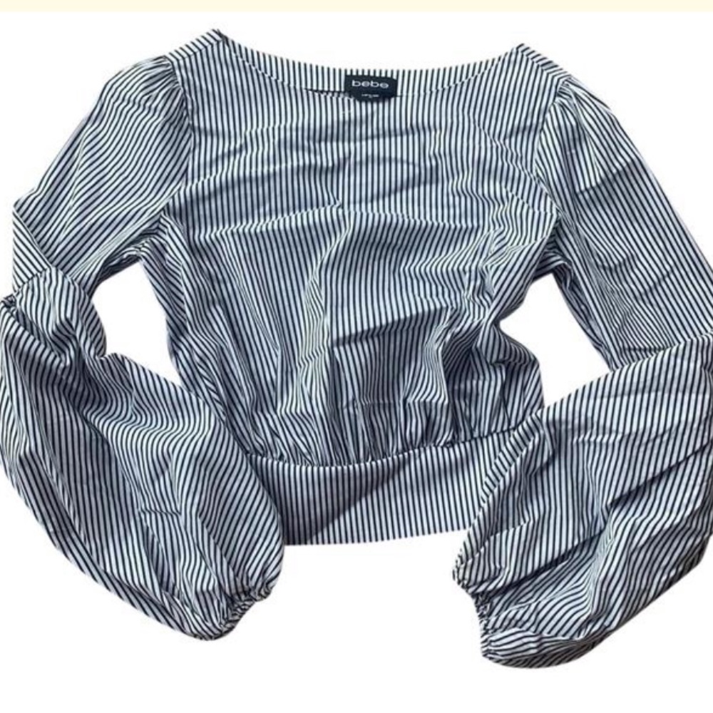 Bebe Striped Cropped Blouse with Bell Sleeves